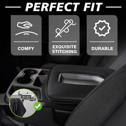 Muslogy Center Console Armrest Cover Compatible with Chevy Silverado & GMC Sierra 2019-2025 Comfort Armrest Pad Arm Rest Cushion Vegan Leather Protector 1-Inch Extra Thick(Jump Seat ONLY)