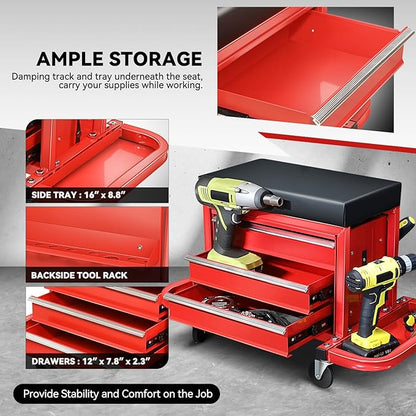 Auto Dynasty 3-Drawer Mechanic Rolling Seat, 350 LBS Capacity Roller Garage Shop Seat with Storage Tool Tray for Workshop, Repair Shop, Warehouse, Red
