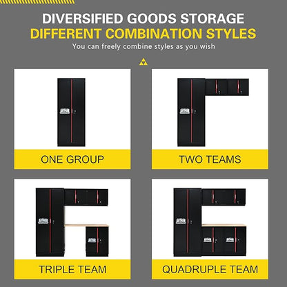 Garage Storage Cabinets System, 6-Pcs Workshop Cabinet Set in Black and Red, Included Steel Cabinets, LED Lights, Wood Panel, Key Locking, Adjustable Door Panels and Legs