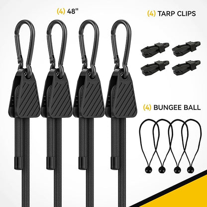 Bungee Cords with Hooks, Upgrade 12pcs Assortment Heavy Duty Outdoor with 48'' Adjustable Bungee Cords Carabiner Black, 6'' Canopy Tarp Ball Ties and Tarp Clips for Tents, Cargo, Camping