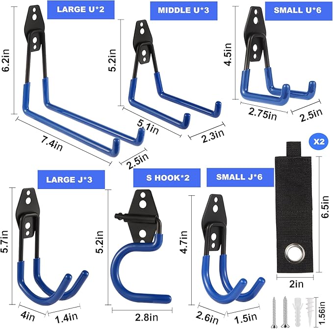 Garage Hook Heavy Duty Wall Storage Hangers, 24 Pack Garage Storage Hooks Steel Tool Blue for Ladders, Ropes, Garden Tools