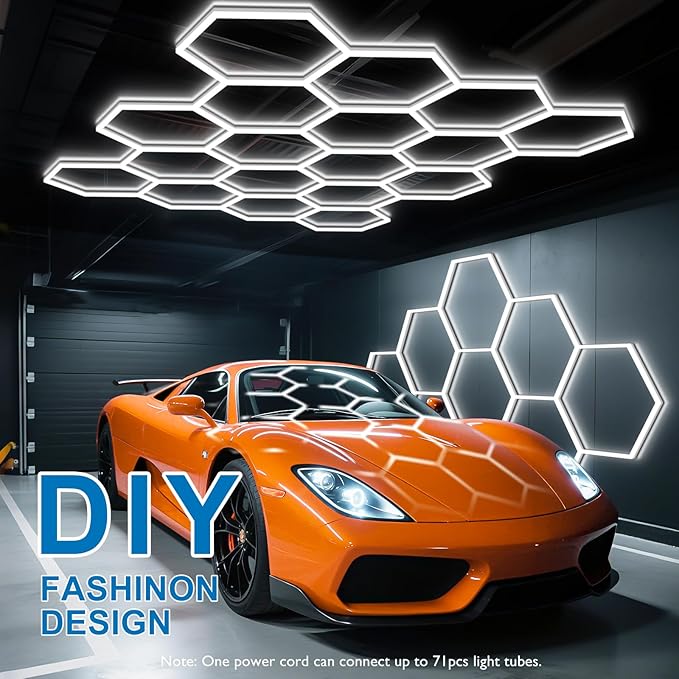 BRILLIHOOD Hexagon Garage Lights, LED Car Detailing Lighting, 568W, 68160LM, 6500K Super Bright, 18 Grid Systems Honeycomb Lights for Garage Warehouse Basement Gym
