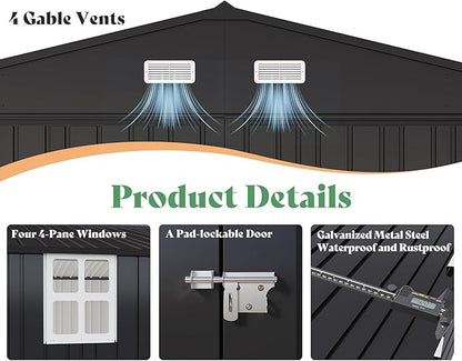 AMERLIFE 13.2x21x8 FT Outdoor Metal Garage Shed, Extra Large Storage Shed with Double Hinged Doors, 4 Windows, Carport for Car, Truck, Bike and Lawn Equipment, Dark Grey