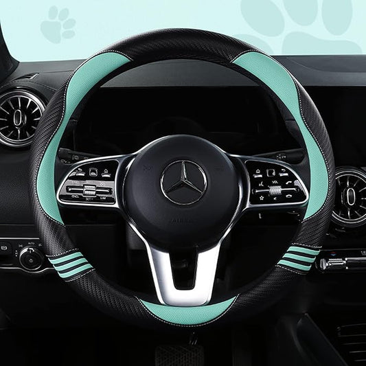 Car Steering Wheel Covers for Women Padded Carbon Fiber PU Leather Cute Auto Interior Accessories for Vehicle, Sedan, Universal, Anti Slip, Green, Standard Size 14.5-15"(37-38cm)