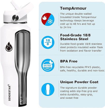 SENDESTAR 32oz Water Bottle Wide Mouth Stainless Steel Vacuum Insulated Double Wall with 2 Straw Lids Fit in Any Car Cup Holder