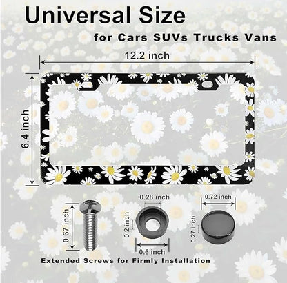 2 Pack Universal Daisy Floral License Plate Frame - Heavy Duty Rustproof Aluminum Matte Black Daisy Car Tag Holder Cover Bracket Fits All Vehicles, Easy Install with Screws Included