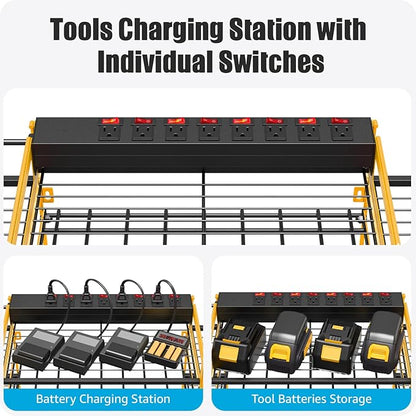 CCCEI Yellow Power Tool Organizer Wall Mount, Large Tools and Battery Storage Rack Charging Station Individual Switches. Drills Holder, Garage Utility Shelves with 6FT Power Strip. Gift for Men.