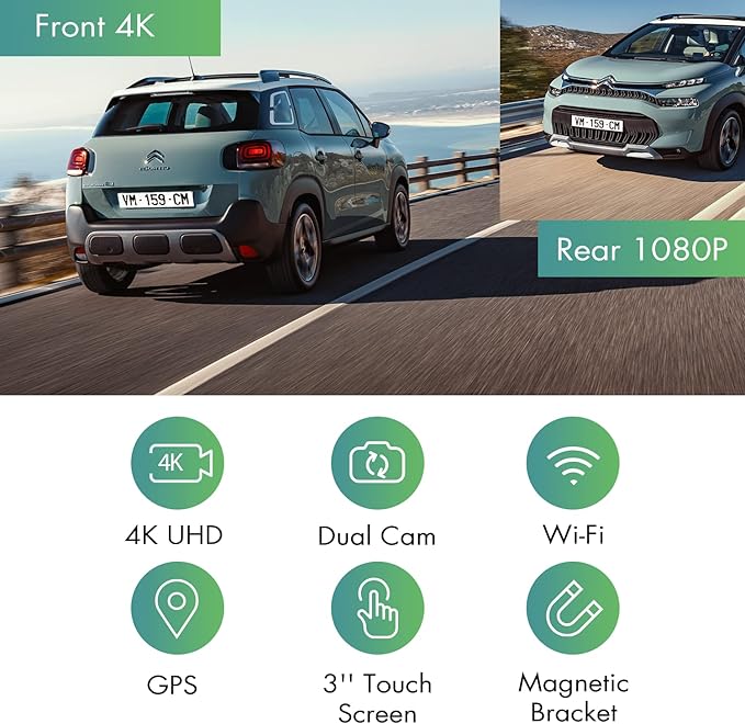 4K Dual Dash Cam Front and Rear, Wi-Fi GPS, 3 Inches IPS Touch Screen, Car Camera Driving Recorder with Night Vision, Parking Mode