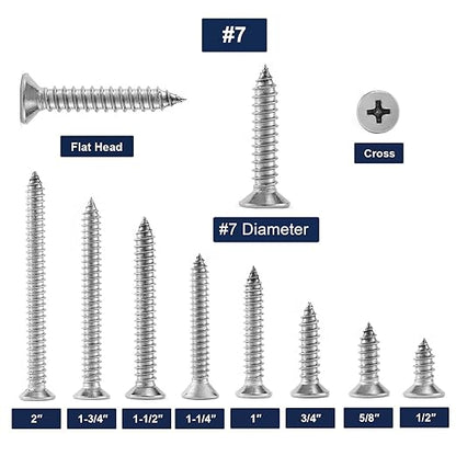 #7 x 2" Wood Screw 100Pcs 18-8 (304) Stainless Steel Screws Flat Head Phillips Fast Self Tapping Drywall Screws by SG TZH
