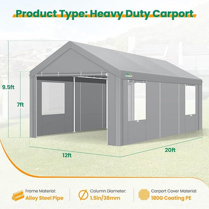 COBIZI Carport Canopy 12x20 Heavy Duty Portable Garage with Removable Sidewalls & Doors, Galvanized Frame Car Port Canopy Tent Waterproof with Built-in Sandbags for Car Boat Truck, Gray