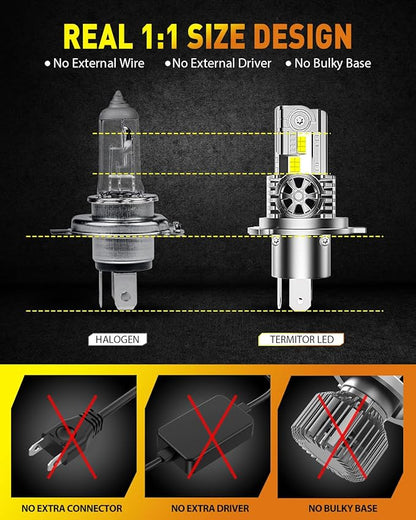 Latest H4/9003/HB2 Bulb for Motorcycle Hi/Low Beam, 18000LM 800% Super Brighter, 1:1 Halogen Size, 6500K Cool White, 70000Hrs Long Service Life with Cooling Fan, Plug and Play, Pack of 1