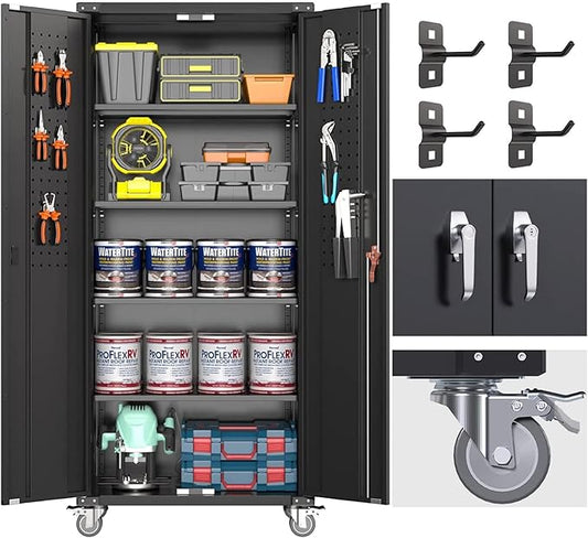 Garage Storage Cabinet with Wheels & Pegboard, 72" H Locking Metal Storage Cabinet with Doors and 4 Adjustable Shelves for Garage Workshop Home, Assembly Required, Black