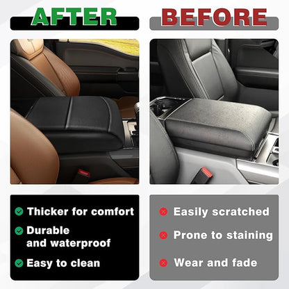 Muslogy Center Console Armrest Cover Compatible with Ford F150 2021-2024 2025 Comfort Armrest Pad Arm Rest Cushion Vegan Leather Protector 1-Inch Extra Thick(Bucket Seat ONLY)