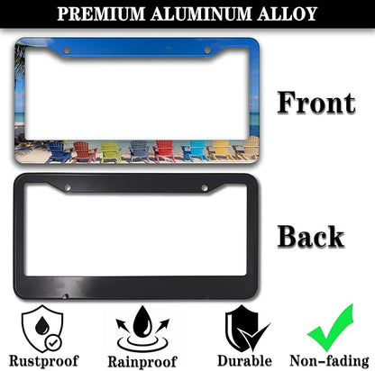 License Plate Frames License Plate Frame Beach Loungers Colorful Chairs in Tropical Summer Palm Tree Aluminum Metal Car Accessory 2 Pack with Screw Covers Set
