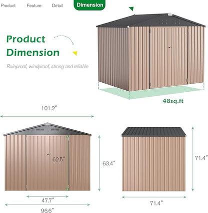 U-MAX 8x6 Storage Sheds & Outdoor Storage, Small Outdoor Storage Garden Outside Shed kit, Galvanized Metal Utility Shed for Backyard, Patio and Lawn