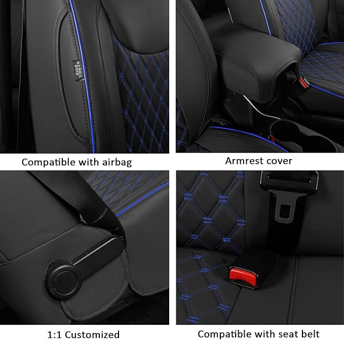 GIANT PANDA Customized Full Set Car Seat Covers for Jeep Wrangler 4 Door JK Sahara Sport Rubicon Unlimited Willys Wheeler Altitude 2013 2014 2015 2016 2017, Faux Leather - (Black+Blue)