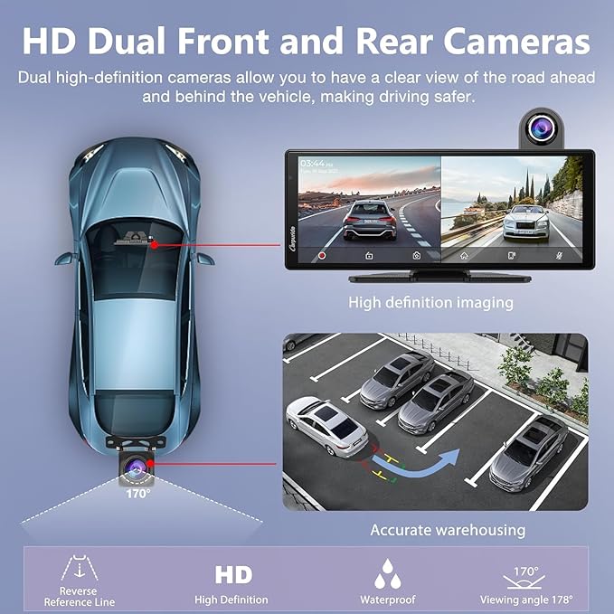 2025 Carpuride Wireless Carplay & Android Auto with Dash Cam - 10.26 Inch HD IPS Touch Car Play Screen for Car, 4K Front & 1080P Rear Camera, Loop Recording, Bluetooth Audio, Mirror Link, GPS, Siri
