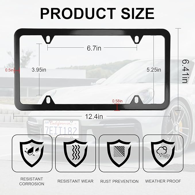 LivTee 4 Holes Stainless Steel License Plate Frames, 2 PCS Car Licence Plate Covers, Automotive Exterior Accessories Slim Design with Bolts Washer Caps for US Vehicles, Black