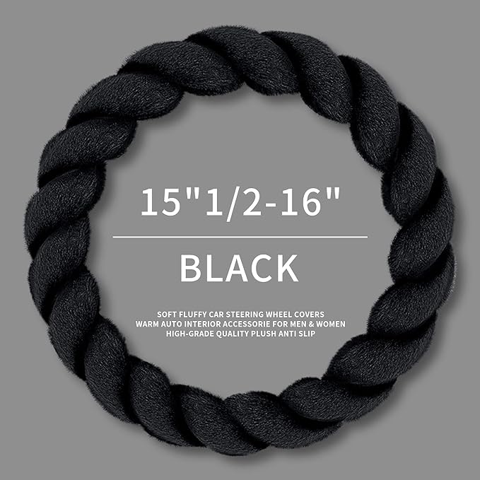 Luxury Fluffy Winter Car Steering Wheel Cover for Women Soft Warm Cute Auto Handle Cover for Jeep, Truck, Van, F150, Fuzzy, Anti Slip, Black, Large Size, 15.2-16in