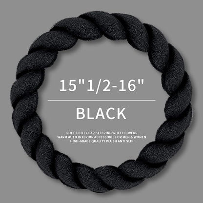 Luxury Fluffy Winter Car Steering Wheel Cover for Women Soft Warm Cute Auto Handle Cover for Jeep, Truck, Van, F150, Fuzzy, Anti Slip, Black, Large Size, 15.2-16in