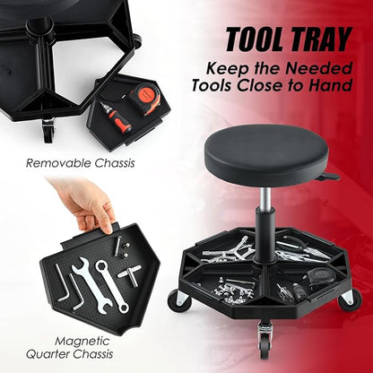 IRONMAX Rolling Mechanic Stool, Adjustable Shop Stool Creeper Seat with Removable Tool Tray, Padded Plush Cushion, Universal Wheels, Heavy Duty Metal Frame, 330 LBS Max Load (Black)