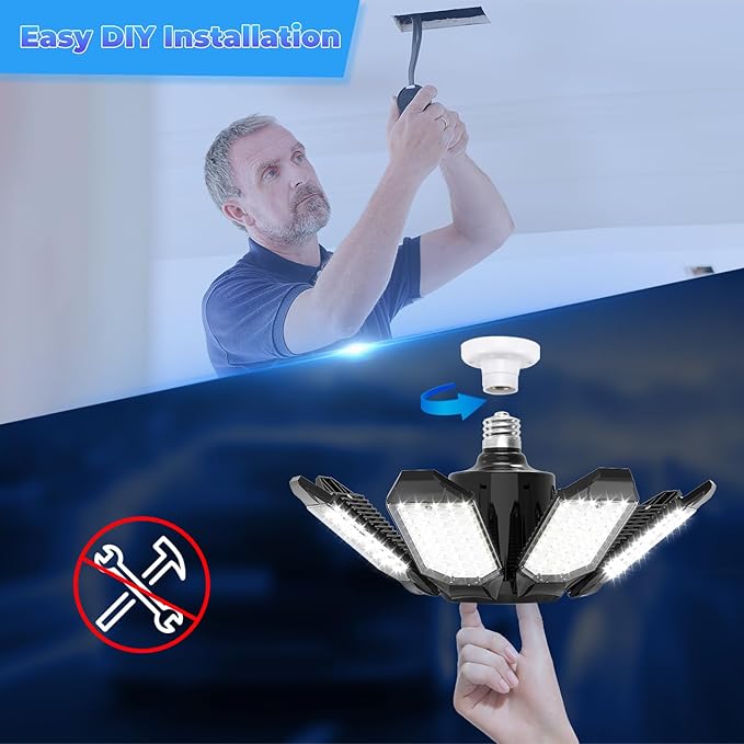 LED Garage Light - 2Pack Bright 50000LM Garage Lights Ceiling Led w/ 8 Deformable Panels 6500K Led Light Bulb Srew in E26/E27 Socket with Adjustable Center Spotlight for Barn Workshop Attic