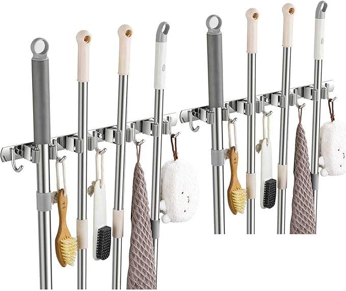 2 Pack Wall Mount, Stainless Steel Broom Hanger, Heavy Duty Mop and Broom Holder Tool Racks Utility Hooks for Laundry Room Garden Garage, Grey (4 Racks and 5 Hooks)