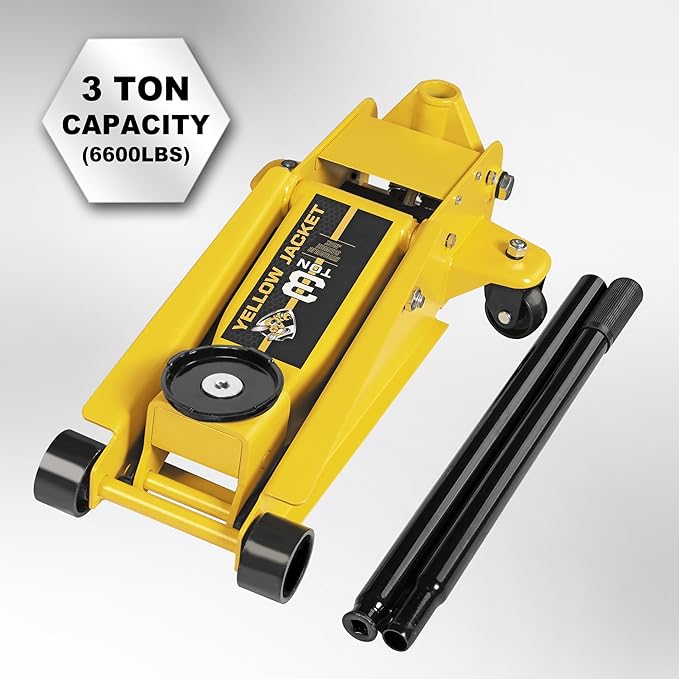 YELLOW JACKET Hydraulic Floor Jack, Quickly Lift Car Jack with Dual Pumps, Heavy Duty Steel Service Jack, 3 Ton (6600 lb) Capacity
