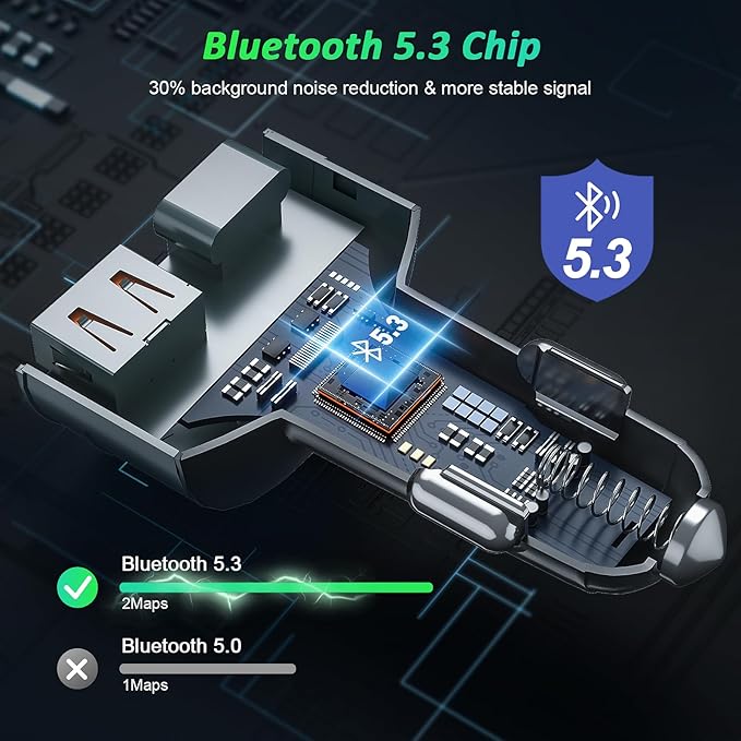 FM Transmitter Bluetooth 5.3 - SOARUN Fast Car Charger Adapter 54W [PD 36W & QC3.0 18W], Support Wireless Radio, Aux 3.5mm, Hands-Free Calling with 9 Colors LED Backlit