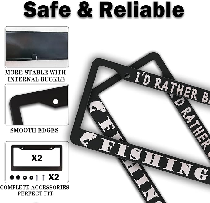 Automotive Exterior Accessories Black and White License Plate Frames I'd Rather Be Fishing Universal Aluminum Car Accessory 2 Pack with Screw Covers Set
