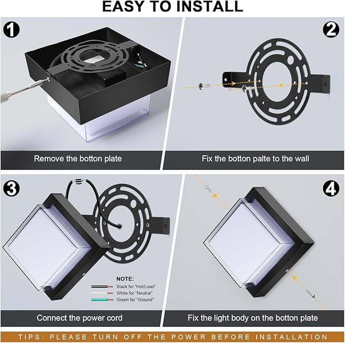Exterior Wall Lights, Modern Waterproof Outdoor Wall Mount Lighting, Black Square Small Led Porch Light with Anti-Rust 6000K Daylight 12W for Garage, Entryway,House