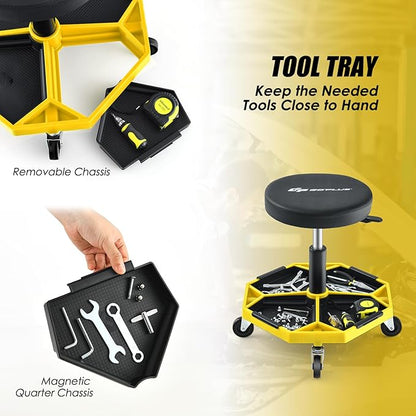 Goplus Mechanic Stool, Rolling Garage Chair with 16”-22” Adjustable Height, Removable Magnetic Tool Tray, 2” Thick Padded Cushion, Universal Wheels, 330LBS, Roller Creeper Seat (Yellow & Black)