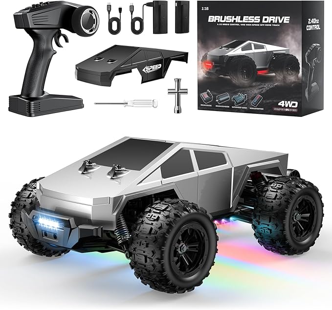 WayEee RC Car 1/16 Brushless Fast Cars Toys for Adults and Boys 8+, Max 35 mph High Speed 4X4 Truck, 2.4GHz Remote Control, 2 Replaceable PVC Shell, All Terrain Vehicle, Colorful LED Lights