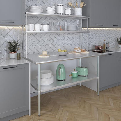 Amgood Stainless Steel Work Table Double Tier Overshelf | Metal Kitchen Prep Table & Shelving Combo (30" x 60" Work Table + 12" Overshelf)