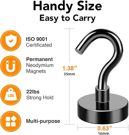 MIKEDE Magnetic Hooks, 25Lbs+ Black Heavy Duty Earth Magnets with Hook for Refrigerator, Strong Neodymium Magnetic Cruise Hooks for Hanging, Curtain, Grill and Kitchen - Pack of 4