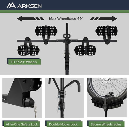 Arksen Electric Bike Rack Hitch, Foldable Quick Release Smart Tilting 2 Ebike Rack Platform Style Carrier w/Car Lock for Up to 5.5" Fat Tires for Car, SUV, Trucks - 170 lbs Heavy Weight Capacity