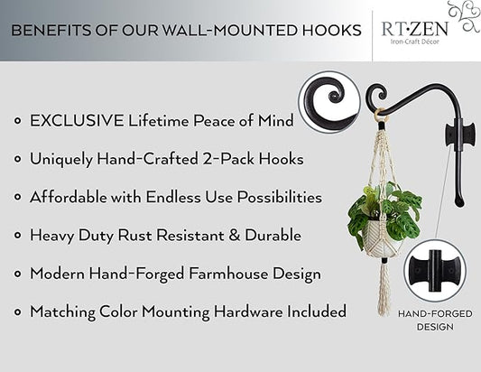 RTZEN Plant Hangers Outdoor or Indoor - Wrought Iron Metal Hanger Indoor Hook - Heavy Duty Wall Bracket Hooks for Hanging Plants Baskets Lanterns Wind Chimes - 2 Pack (Black Axe-Shape Hooks)