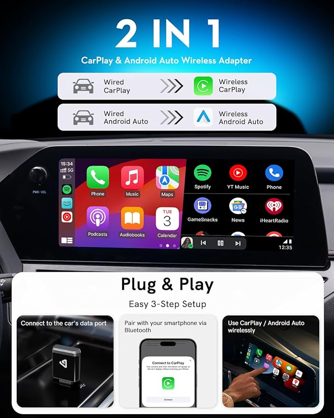 Wireless CarPlay Adapter for Apple iPhone & Android 2025 Upgrade Mini 2-in-1 Wired Android Auto to Wireless, Compact Design Plug & Play Auto Connect Car Play Dongle Fits for OEM Wired CarPlay Cars