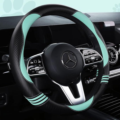 Car Steering Wheel Covers for Women Padded Carbon Fiber PU Leather Cute Auto Interior Accessories for Vehicle, Sedan, Universal, Anti Slip, Green, Standard Size 14.5-15"(37-38cm)