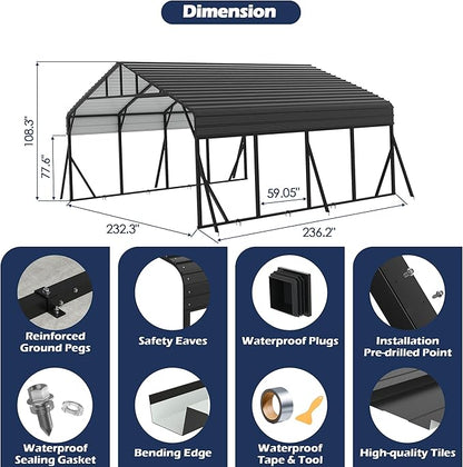 Xilingol Metal Carport, Heavy Duty Carport Canopy with Galvanized Steel Frame and Roof, Outdoor Storage Shed, Car Tent Garage Shelter for Pickup, Truck, Boat and Tractor, Grey (20x20 FT Black)