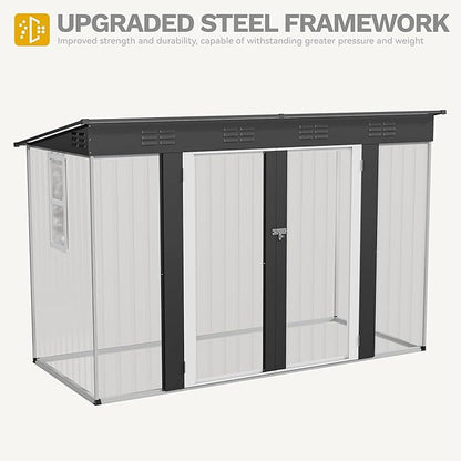 DWVO 9' x 4' Outdoor Storage Shed with Windows, Lockable Double Doors, Sloped Roof, Heavy-Duty Steel Shed for Garden & Patio, Large Backyard Tool Organizer, Dark Gray