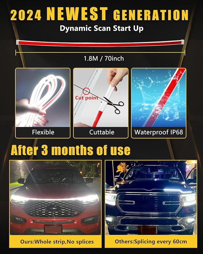 YM E-Bright Led Hood Light Strip Exterior Led Strip Lights for Cars Waterproof Flexible DRL Dynamic Scan Start Up Hoodbeam Kit Daytime Running Light for Car,Truck,SUV,12V 70inch White,1 Set