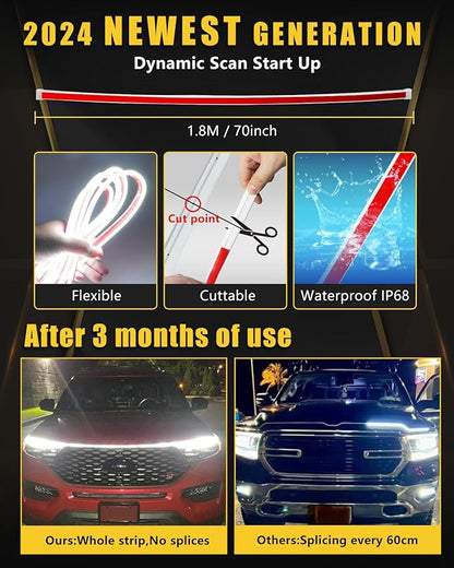YM E-Bright Led Hood Light Strip Exterior Led Strip Lights for Cars Waterproof Flexible DRL Dynamic Scan Start Up Hoodbeam Kit Daytime Running Light for Car,Truck,SUV,12V 70inch White,1 Set