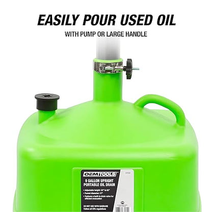 OEMTOOLS 87032 Oil Drain Pan with Funnel, 9 Gallon Oil Catch Pan with Adjustable Height, Portable Oil Drain Container with 17" Funnel