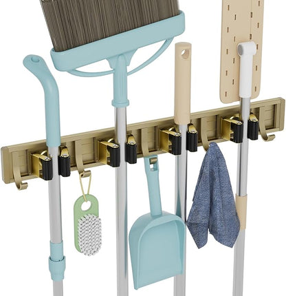 Broom Holder Wall Mount Mop and Broom Hanger Wall Mounted Garage Storage Rack Kitchen Garden Tool Organizer (4 Racks with 5 Hooks, Bronze)