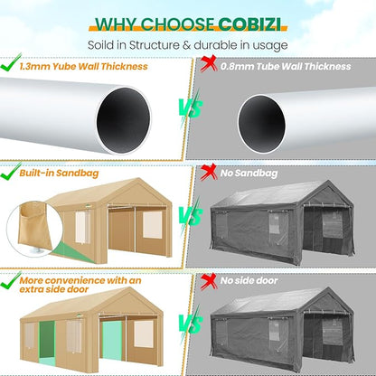 COBIZI Carport Canopy 12x20 Heavy Duty Portable Garage with Roll-Up Ventilation Windows & Doors, Removable Sidewalls Car Canopy Tent Waterproof with Built-in Sandbags for Cars, Boats, Trucks, Khaki