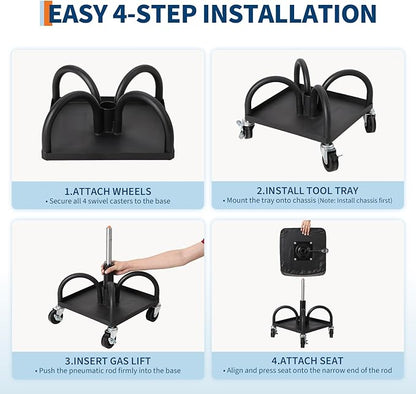 Garage Stool, 19”-25” Adjustable Rolling Mechanic Stool with Universal Wheels, Removable Magnetic Tool Tray, 300LBS Capacity, Roller Creeper Seat, Shop Chair