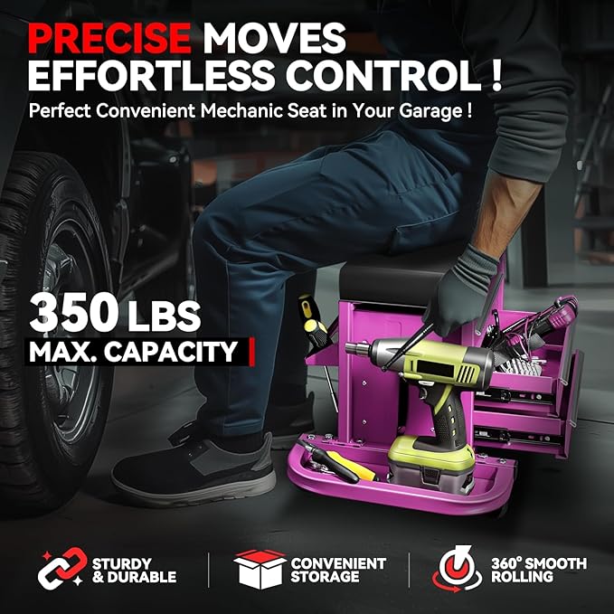 Auto Dynasty 3-Drawer Mechanic Rolling Seat, 350 LBS Capacity Roller Garage Shop Seat with Storage Tool Tray for Workshop, Repair Shop, Warehouse, Purple