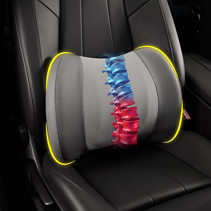 Lumbar Support Pillow for Car, Memory Foam Lumbar Pillow for Lower Back Pain Relief - Back Cushion for Driving, Chair Support for Car-Office Chair, Wheelchair - Dark Grey