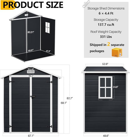 6*4.4 FT Resin Outdoor Storage Shed Plastic Shed with Floor, Reinforced Floor for Patio Furniture, Gardening Tools, Lawn Mower, Plastic Garden Shed with Lockable Door for Backyard (Charcoal)